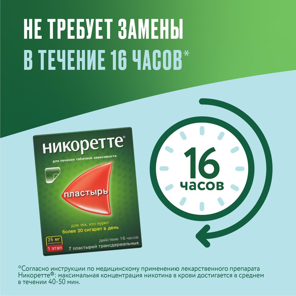 Никоретте, 25 мг/16 ч, пластырь трансдермальный, полупрозрачная, 7 шт.