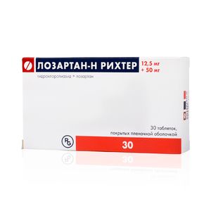 Лозартан-Н Рихтер, 50 мг+12.5 мг, таблетки, покрытые пленочной оболочкой, 30 шт.