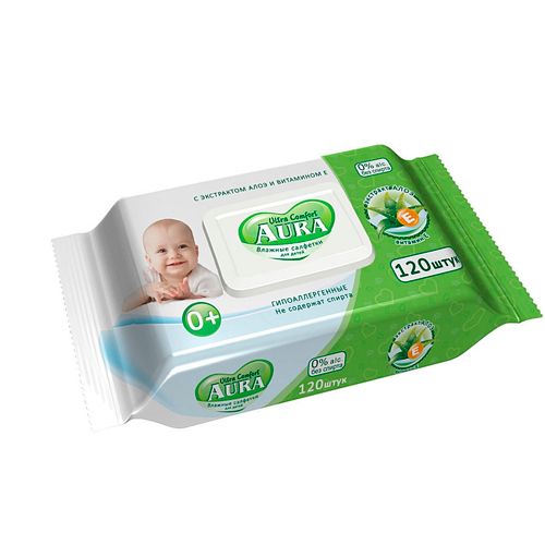 Aura Ultra Comfort салфетки влажные детские, салфетки влажные, алоэ и витамин Е, 120 шт.