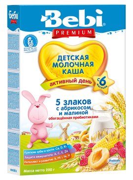 Bebi Premium Каша 5 злаков абрикос малина с пребиотиками, каша детская молочная, 200 г, 1 шт.